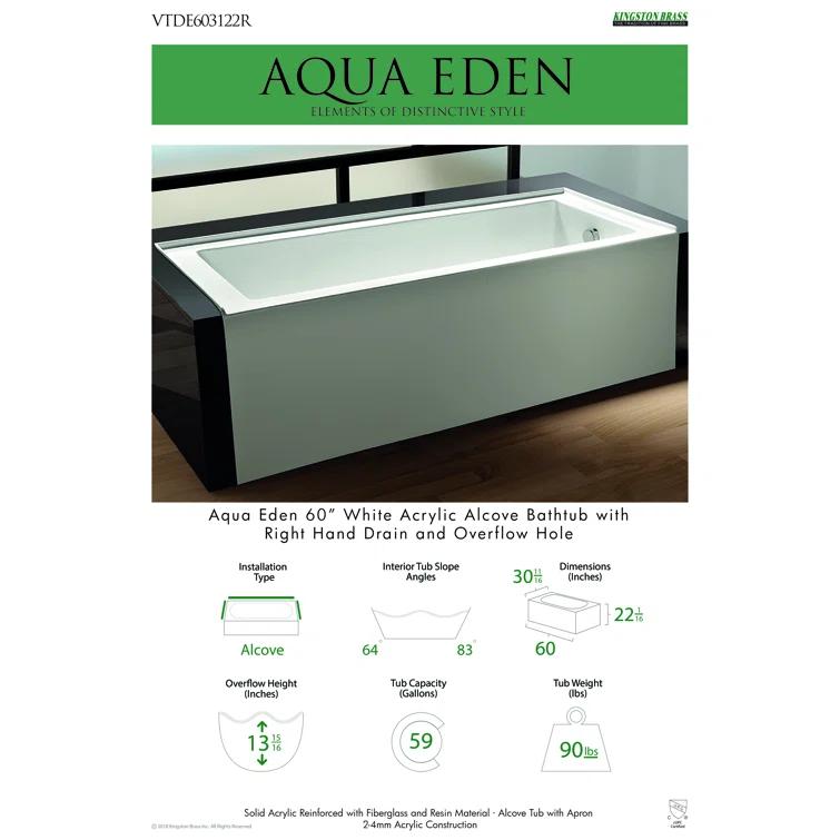 Kingston Brass Aqua Eden 60-Inch Acrylic Rectangular 3-Wall Alcove Tub