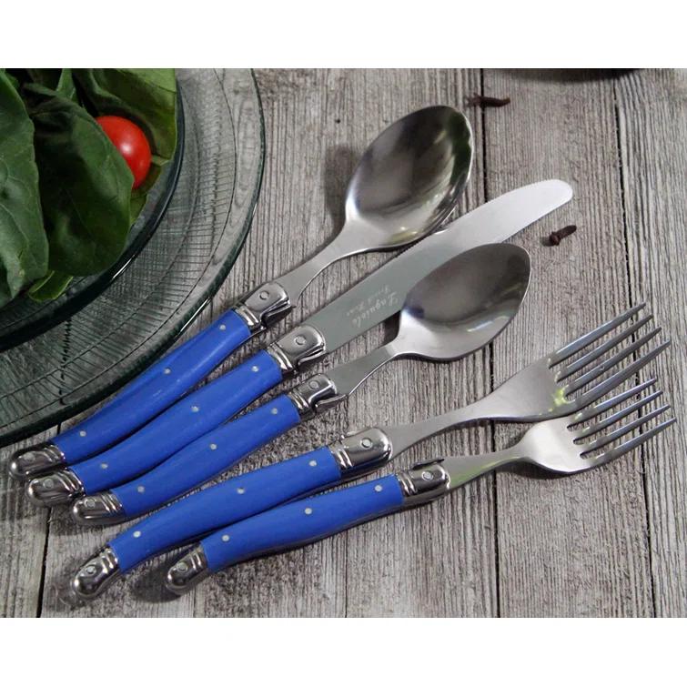 20pc Stainless Steel Laguiole Flatware Set Blue - French Home: Forks Spoons Knives Set, Dishwasher-Safe, Ergonomic Grip