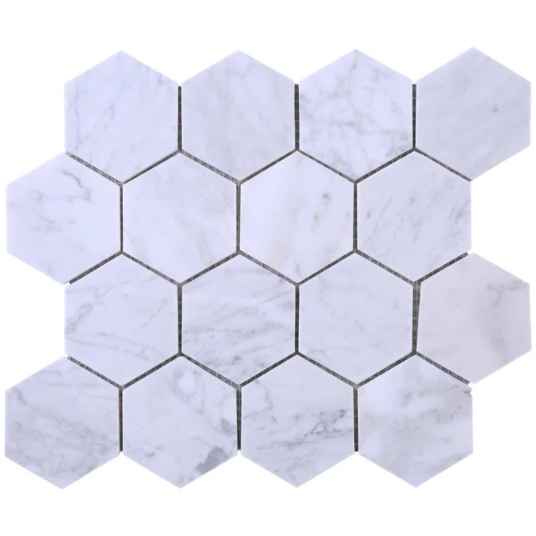 White Carrara 3" x 3" Natural Stone Honeycomb Marble Look Mosaic Wall Tile