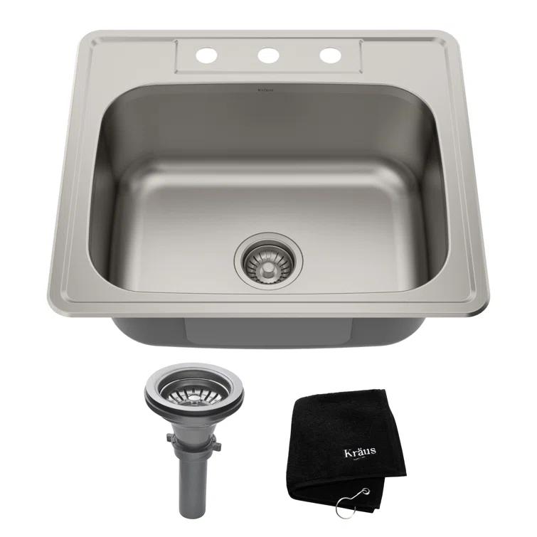 KRAUS 25 inch L Topmount Single Bowl 18 Gauge Stainless Steel Kitchen Sink with NoiseDefend Soundproofing
