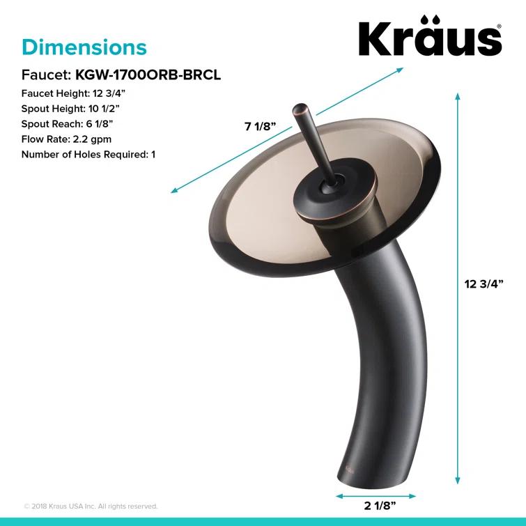 Kraus KGW-1700ORB-BRCL Premium Faucet Glass Waterfall  Vessel Bathroom Sink