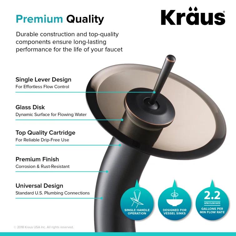 Kraus KGW-1700ORB-BRCL Premium Faucet Glass Waterfall  Vessel Bathroom Sink