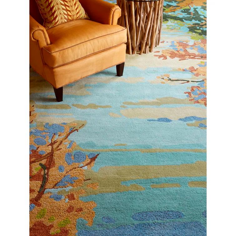 Landscape Floral Handmade Tufted Wool Teal/Yellow/Blue Area Rug
