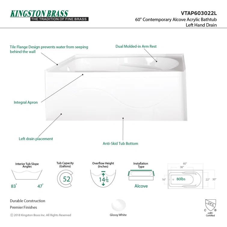 Kingston Brass Aqua Eden 60-Inch Acrylic Rectangular 3-Wall Alcove Tub with Anti Skid and Drain Hole