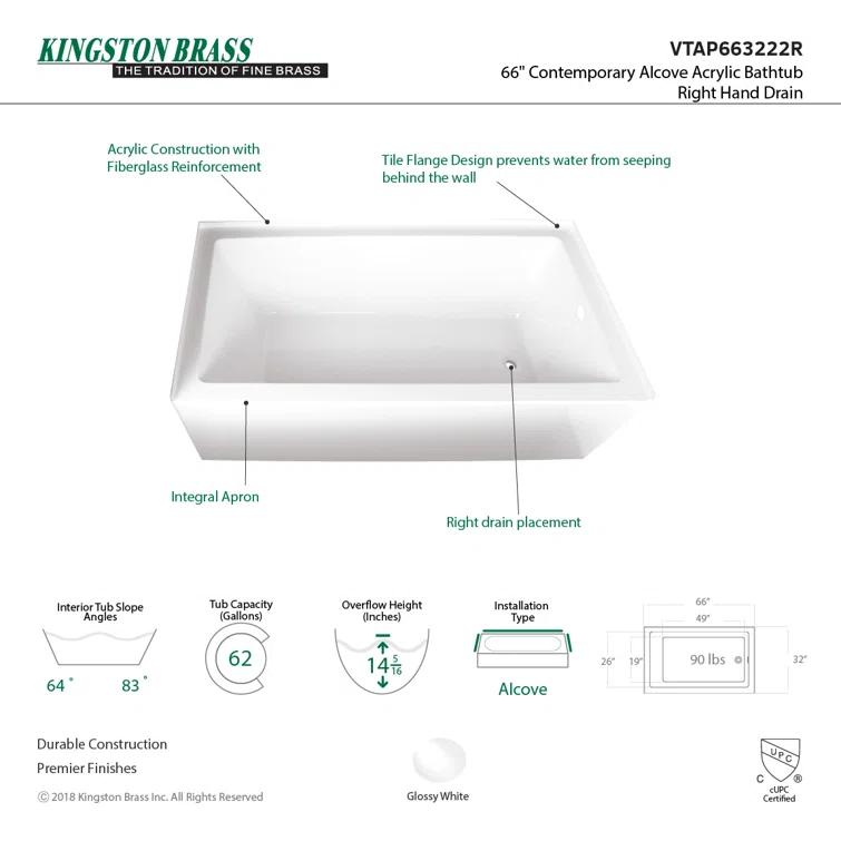 Kingston Brass Aqua Eden 66-Inch Acrylic Rectangular 3-Wall Alcove Tub
