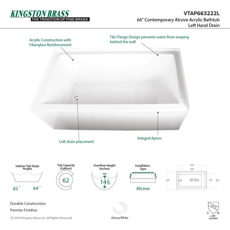 Kingston Brass Aqua Eden 66-Inch Acrylic Rectangular 3-Wall Alcove Tub