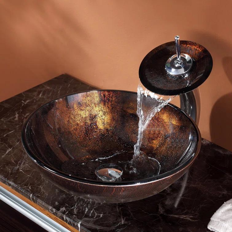Glass Circular Vessel Bathroom Sink with Faucet