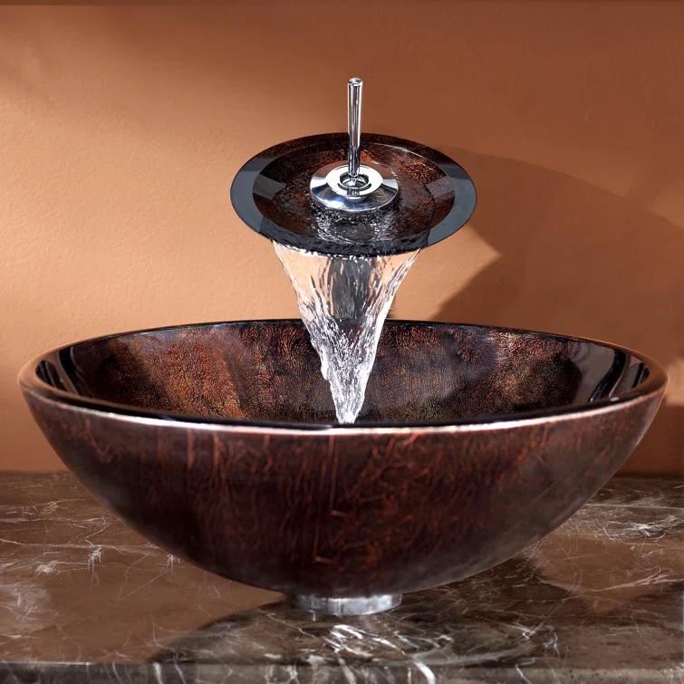 Glass Circular Vessel Bathroom Sink with Faucet