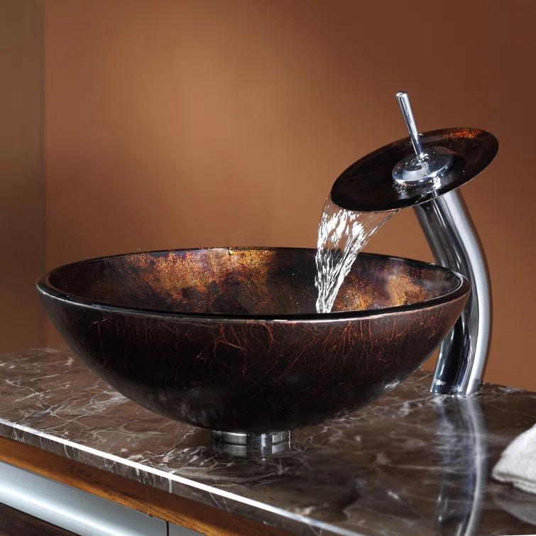 Glass Circular Vessel Bathroom Sink with Faucet