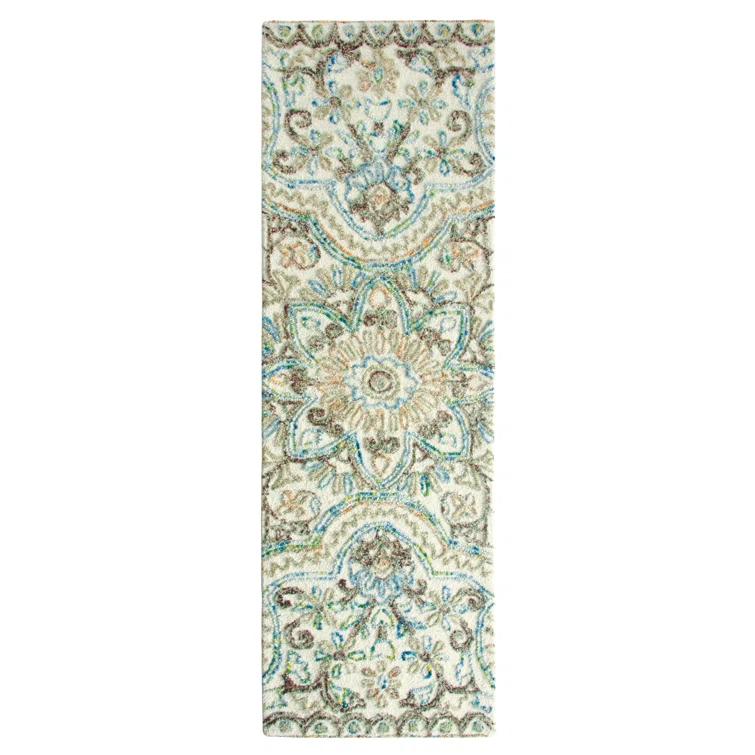 Agra Damask Handmade Tufted Wool Beige/Blue Area Rug