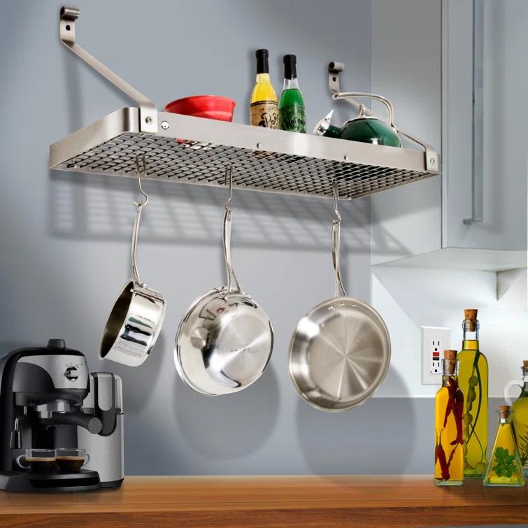 Handcrafted 30 in. Gourmet Deep Bookshelf Wall Rack with 12-Hooks Stainless Steel