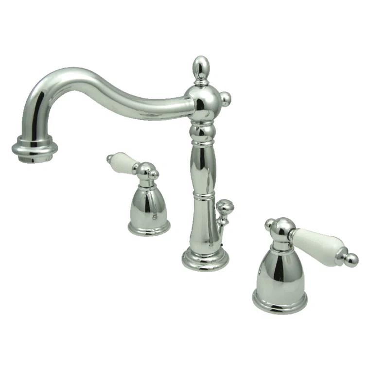 Kingston Brass Heritage Two-Handle 3-Hole Deck Mount Widespread Bathroom Faucet with Pop-Up Drain