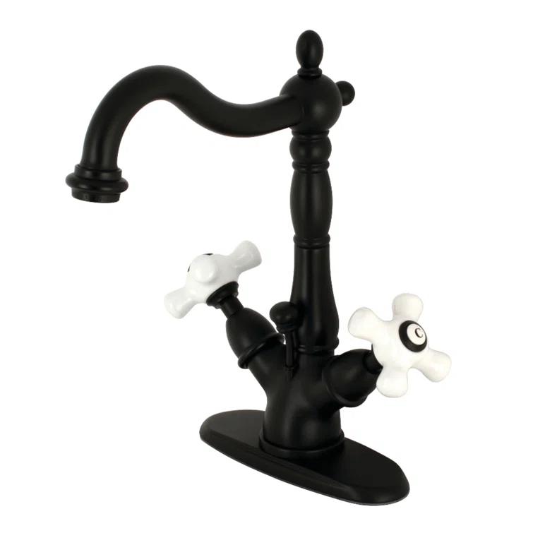 Kingston Brass Heritage Two-Handle 1-or-3 Hole Deck Mount Bathroom Faucet with Brass Pop-Up