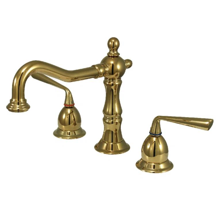Kingston Brass Silver Sage Two-Handle 3-Hole Deck Mount Widespread Bathroom Faucet with Brass Pop-Up Drain
