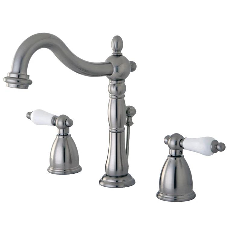 Kingston Brass Heritage Two-Handle 3-Hole Deck Mount Widespread Bathroom Faucet with Pop-Up Drain
