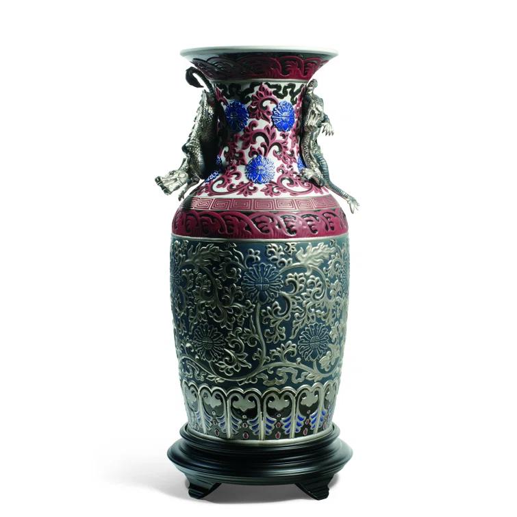 Glossy Blue Porcelain Table Vase with Metallic Luster