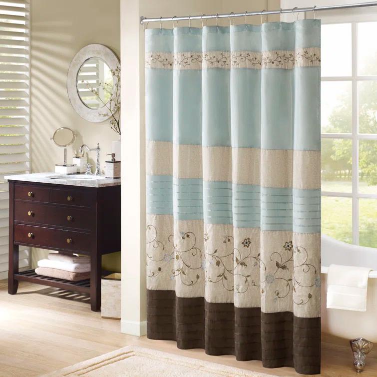 Madison Park Serene Faux Silk Embroidered Floral Shower Curtain