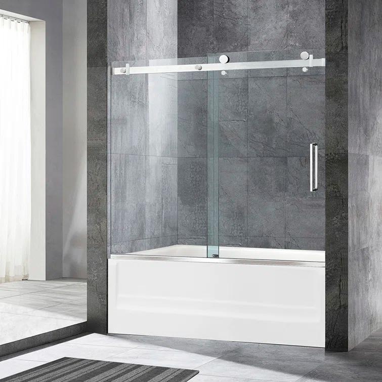 WoodBridge Frameless Single Sliding Shower Doors, 56-60" W X 62" H With 5/16" Clear Tempered Glass And Explosion-Proof Film MSDF6062-B