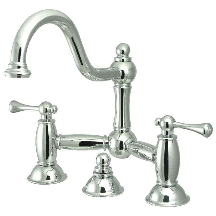 Kingston Brass Restoration Two-Handle 3-Hole Deck Mount Bridge Bathroom Faucet with Brass Pop-Up