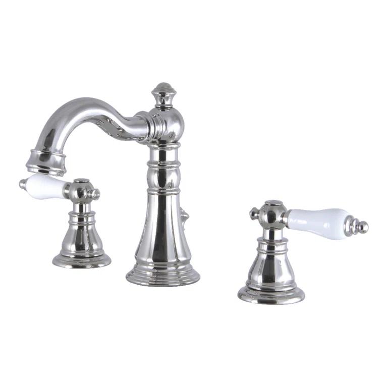 Kingston Brass American Patriot Two-Handle 3-Hole Deck Mount Widespread Bathroom Faucet with Brass Pop-Up Drain