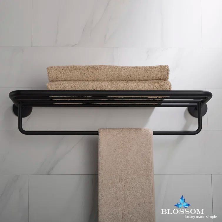 Blossom 500 Series Wall-Mounted Towel Rack with Shelf and Bar – Solid Brass Bathroom Accessory for Shower or Vanity, Space-Saving Lavatory Towel Holder BA02 509 04