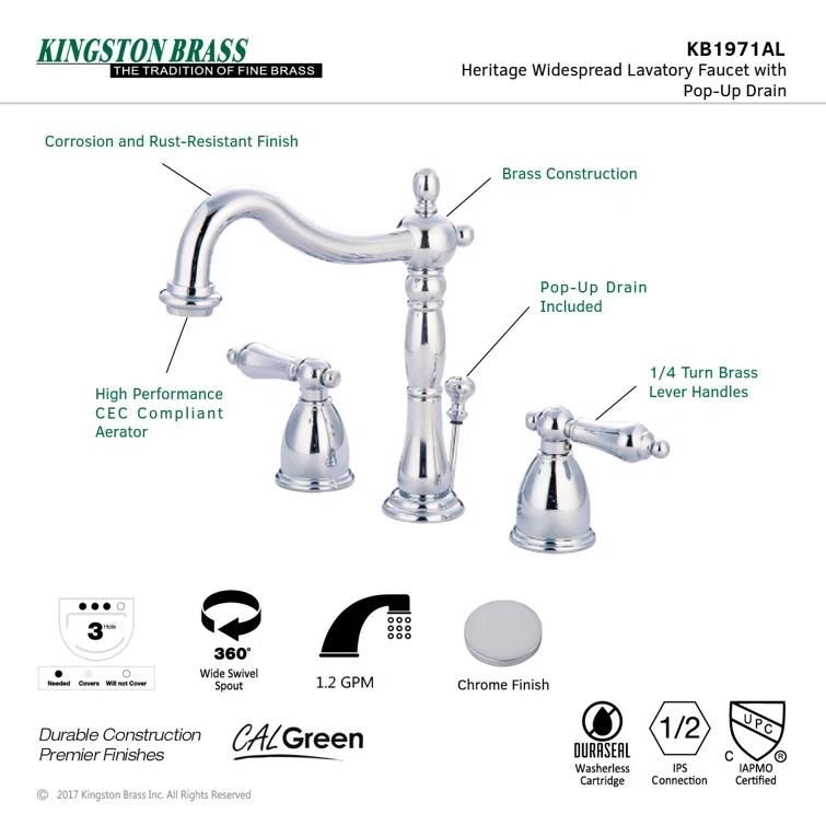 Kingston Brass Heritage Two-Handle 3-Hole Deck Mount Widespread Bathroom Faucet with Pop-Up Drain