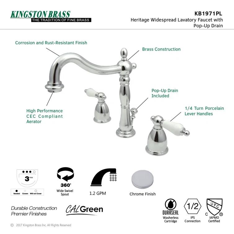 Kingston Brass Heritage Two-Handle 3-Hole Deck Mount Widespread Bathroom Faucet with Pop-Up Drain