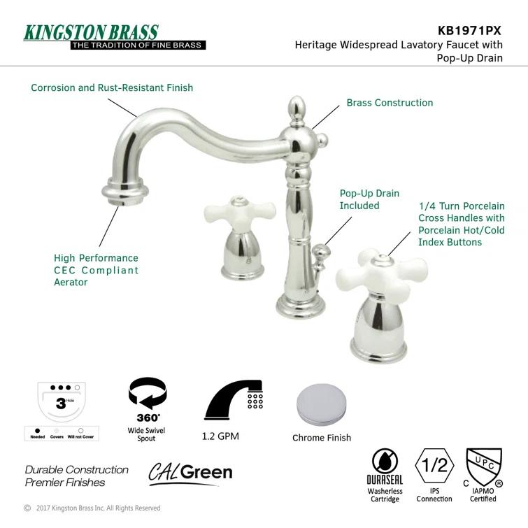 Kingston Brass Heritage Two-Handle 3-Hole Deck Mount Widespread Bathroom Faucet with Pop-Up Drain