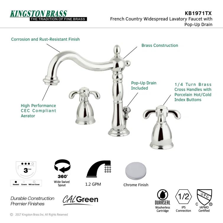Kingston Brass KB1971TX Kingston Brass French Country Two-Handle 3-Hole Deck Mount Widespread Bathroom Faucet with Pop-Up Drain