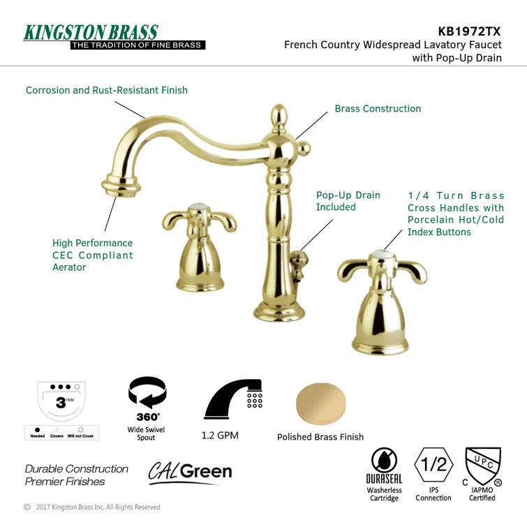 Kingston Brass French Country Two-Handle 3-Hole Deck Mount Widespread Bathroom Faucet with Pop-Up Drain