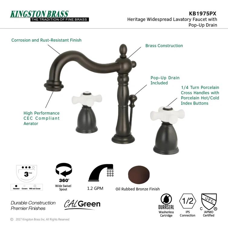 Kingston Brass KB1975PX Kingston Brass Heritage Two-Handle 3-Hole Deck Mount Widespread Bathroom Faucet with Pop-Up Drain