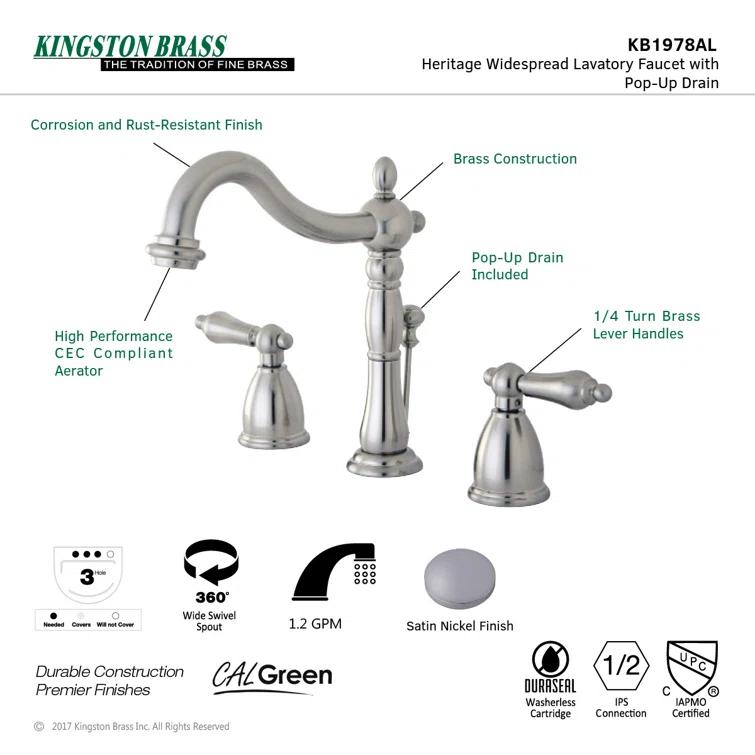 Kingston Brass Heritage Two-Handle 3-Hole Deck Mount Widespread Bathroom Faucet with Pop-Up Drain