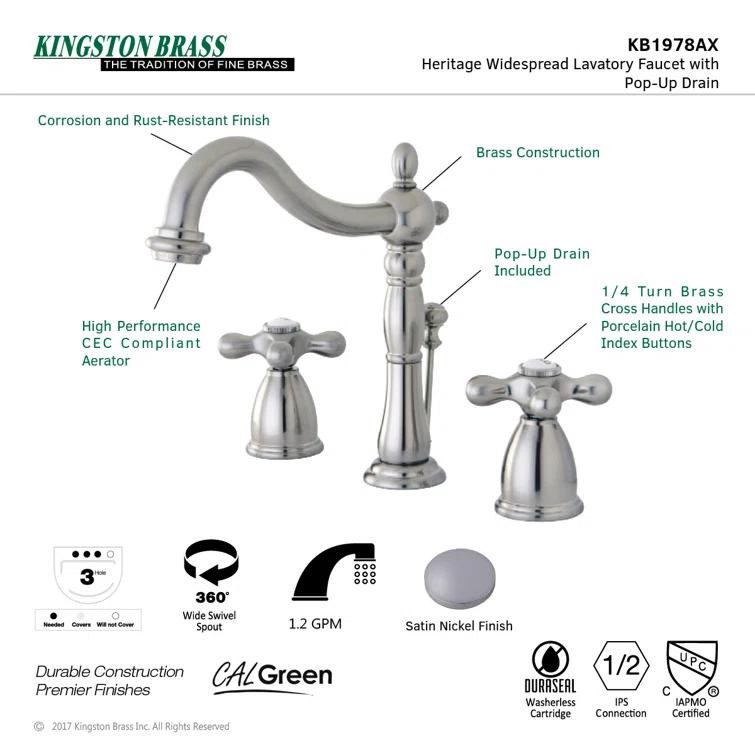 Kingston Brass Heritage Two-Handle 3-Hole Deck Mount Widespread Bathroom Faucet with Pop-Up Drain
