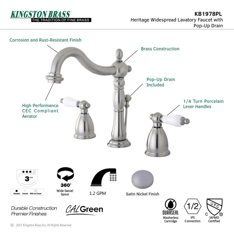 Kingston Brass Heritage Two-Handle 3-Hole Deck Mount Widespread Bathroom Faucet with Pop-Up Drain