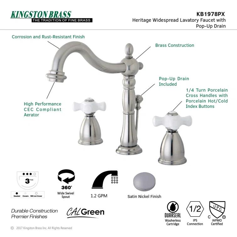 Kingston Brass Heritage Two-Handle 3-Hole Deck Mount Widespread Bathroom Faucet with Pop-Up Drain