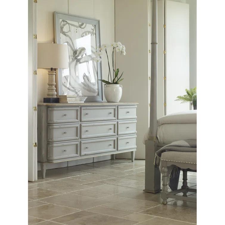 Madeline Light Grey and Gold Leaf Handcrafted 9-Drawer Dresser