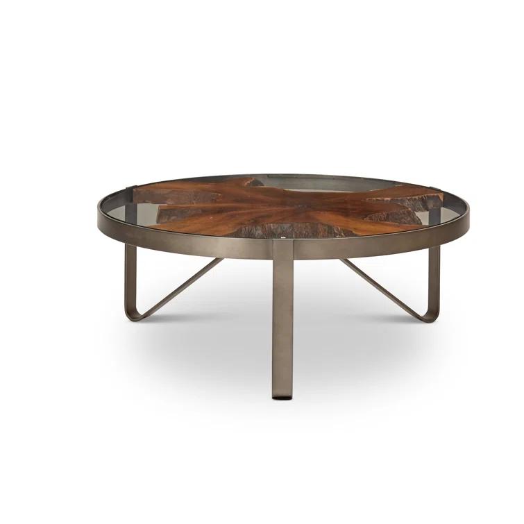 Round Teak and Glass Coffee Table with Galvanized Gray Frame