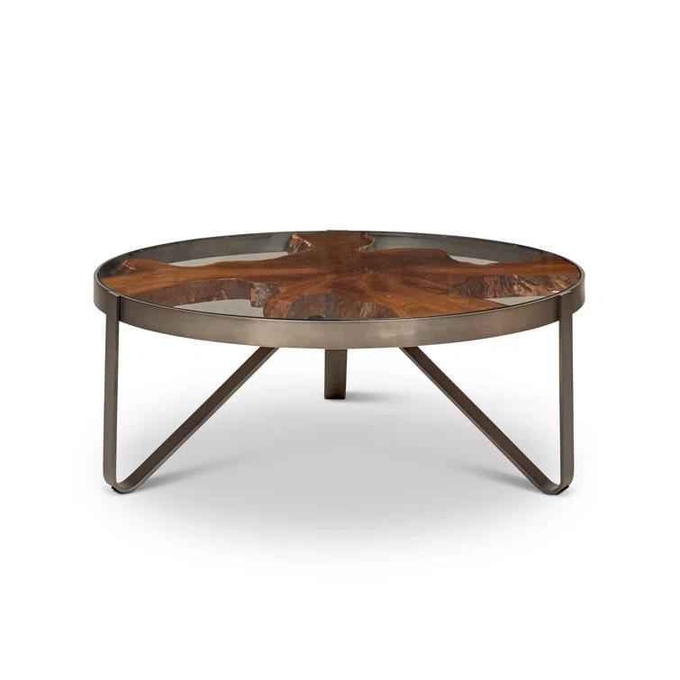 Round Teak and Glass Coffee Table with Galvanized Gray Frame