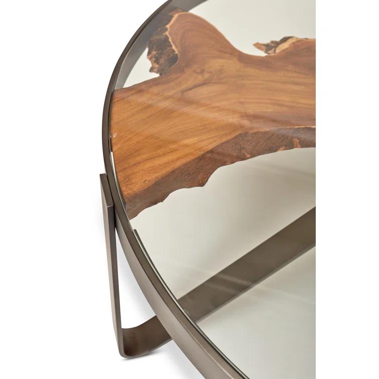 Round Teak and Glass Coffee Table with Galvanized Gray Frame