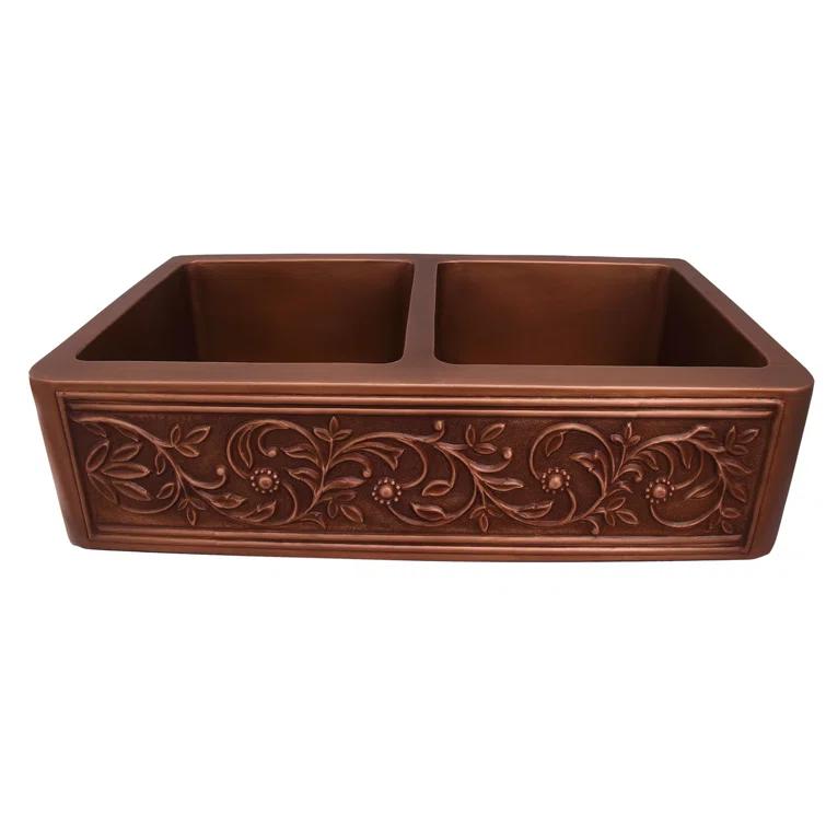 Cilantro 36'' L Farmhouse / Apron Double Bowl Copper Kitchen Sink