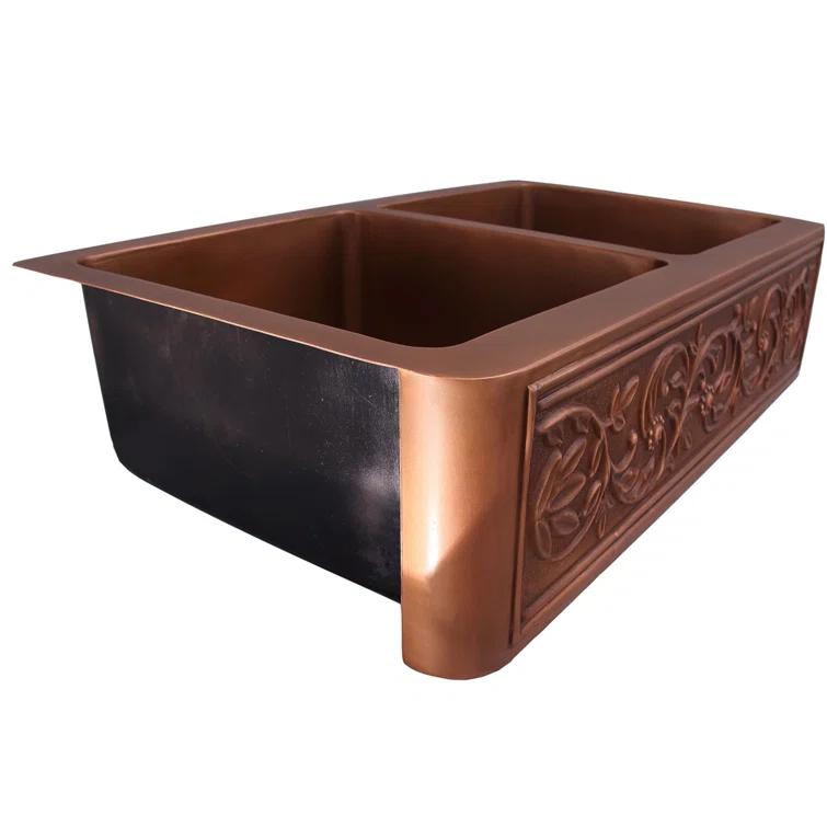 Cilantro 36'' L Farmhouse / Apron Double Bowl Copper Kitchen Sink