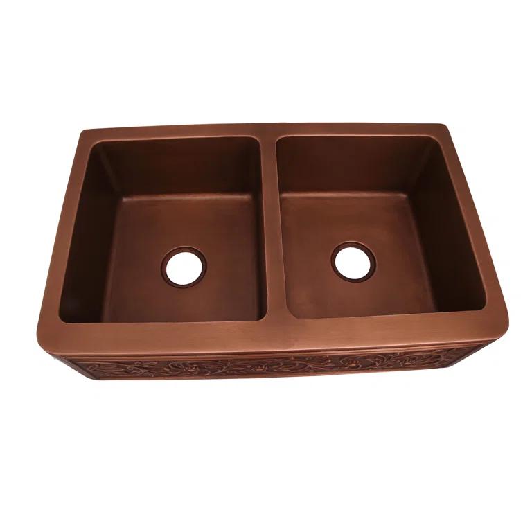 Cilantro 36'' L Farmhouse / Apron Double Bowl Copper Kitchen Sink