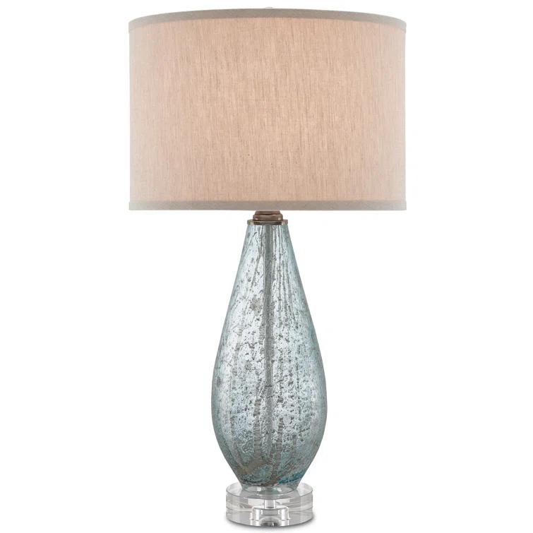 Pale Blue Speckled Glass Table Lamp with Natural Linen Shade