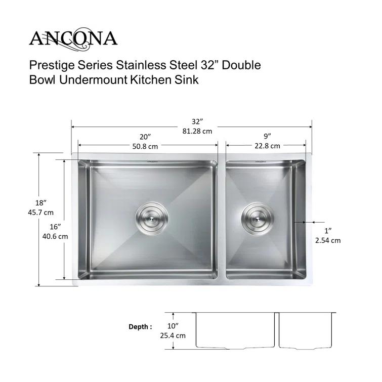 Prestige Series 32'' L Undermount Double Bowl Stainless Steel Kitchen Sink