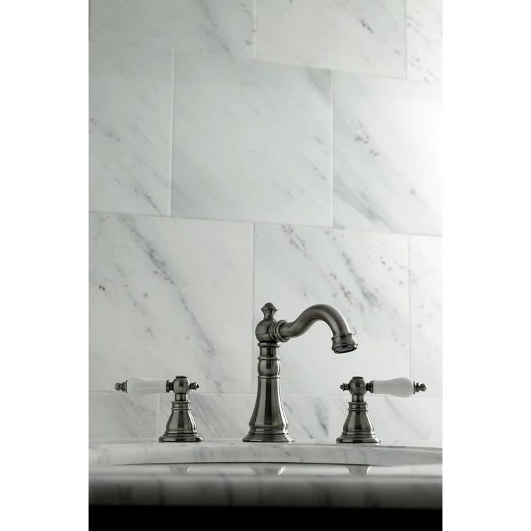 Kingston Brass American Patriot Two-Handle 3-Hole Deck Mount Widespread Bathroom Faucet with Brass Pop-Up Drain