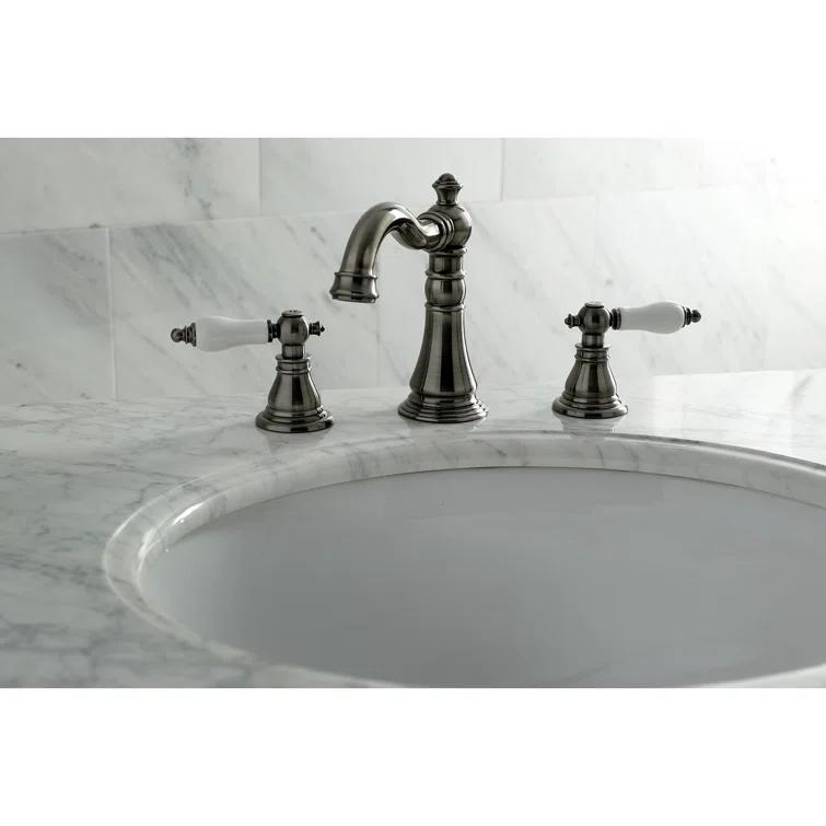 Kingston Brass American Patriot Two-Handle 3-Hole Deck Mount Widespread Bathroom Faucet with Brass Pop-Up Drain