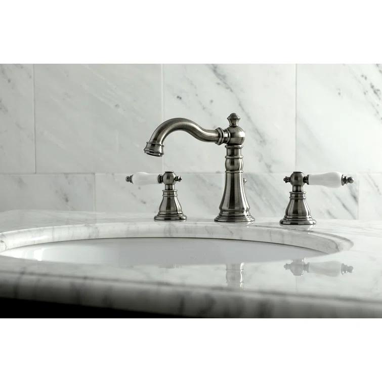 Kingston Brass American Patriot Two-Handle 3-Hole Deck Mount Widespread Bathroom Faucet with Brass Pop-Up Drain