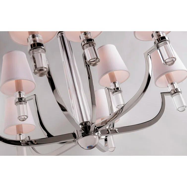 Polished Nickel and Crystal 9-Light Chandelier with Faux Silk Shades