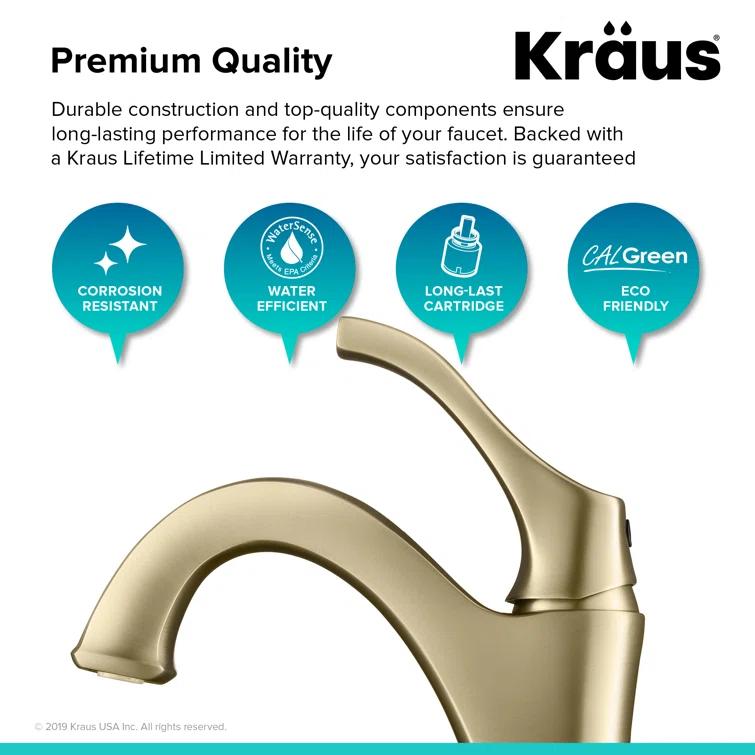 Kraus Arlo Single Hole 1-Handle WaterSense Bathroom Sink Faucet with Drain and Deck Plate