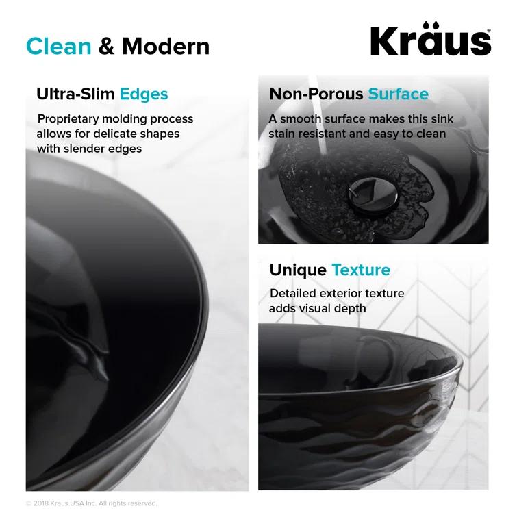 KRAUS Viva Thin Porcelain Ceramic Vessel Bathroom Sink with Pop-Up Drain